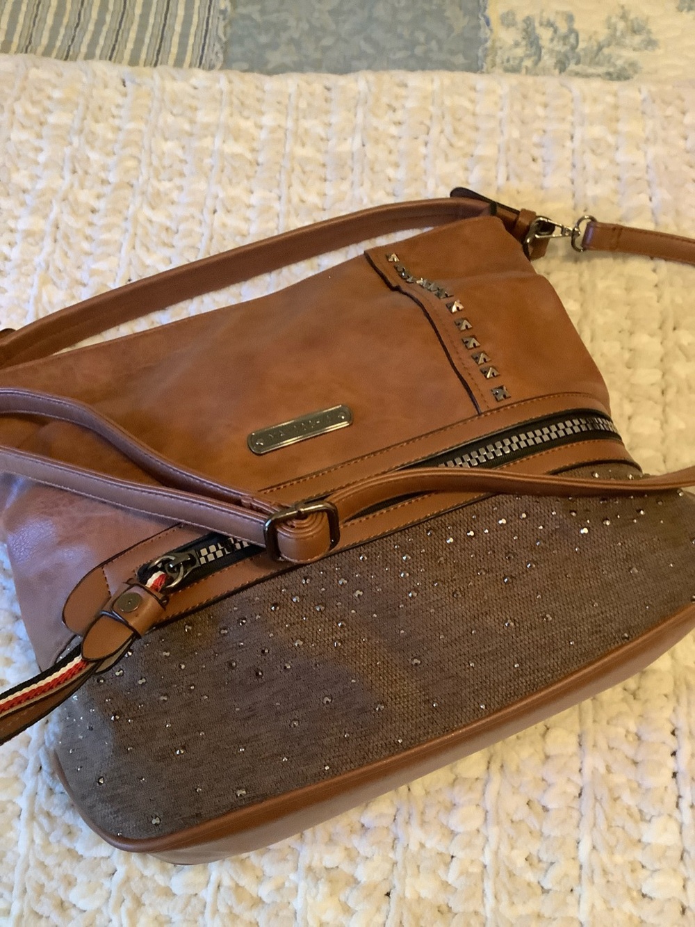 Convertible Tan Shoulder Bag with Stud and Zip Accents